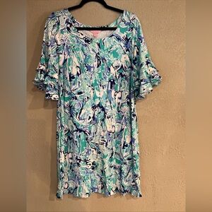 Lilly Pulitzer Blue and Green Lulu Dress XL Elephant Pattern Beach Resort EUC